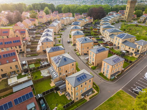 An aerial view of a housing development supported by financial forecasting software for housing organisations.